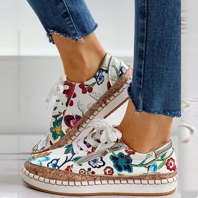 Women Sneakers Lady Vulcanized Shoes Elegant Floral Printed Lace -Up Female Flats Skateboard Fashion Women Casual Footwear