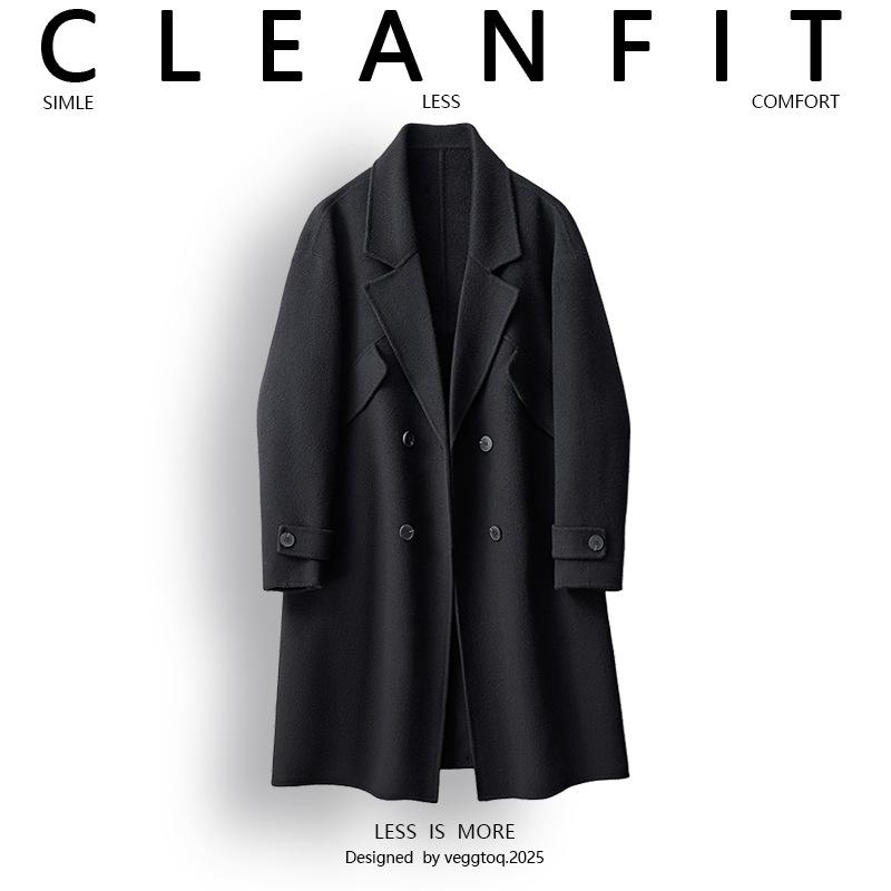 Мужской двубортный шерстяной тренч средней длины для осени/зимы M чёрный