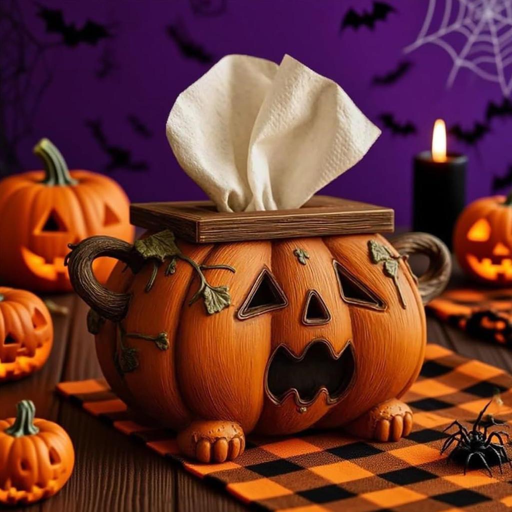 2025 Halloween Pumpkin Tissue Box Spooky Pumpkin Toilet Paper Holder with Eyes for Living Room Nightstand Halloween Desk Kitchen