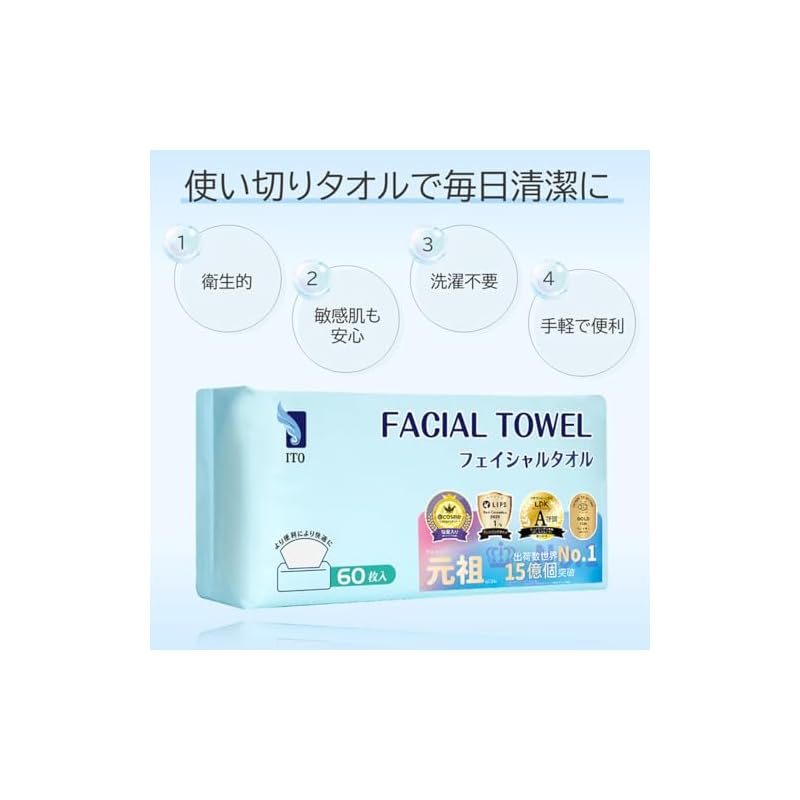 ITO Cleansing Towels Facial Towels, 60 Towels X 3 Sets. OEKO-TEX Certified. Gentle Enough for Babies. ITO Original Sharkskin Pattern Embossed Fabric.