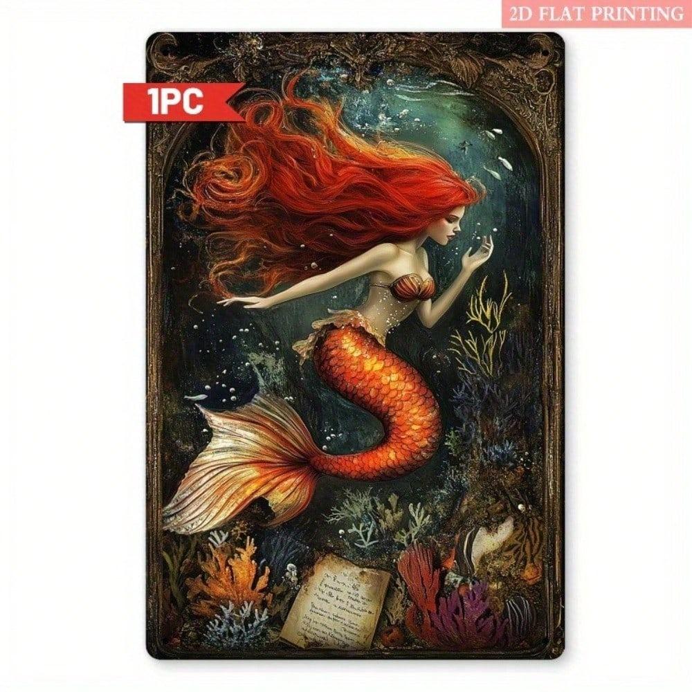 Vintage Redhead Mermaid Metal Tin Sign Wall Decor Retro Cafe Bar Ocean Art