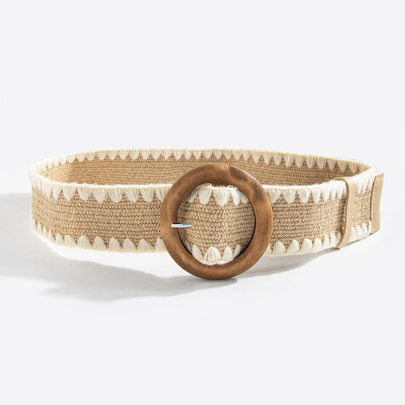 Bohemian Belt, Women's Straw-woven Woolen Decorated Round Wood Buckle Elastic Belt, Natural Vacation Style Belt
