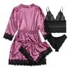 4-Piece Women Sexy Garter Lingerie Set Robes Lace Bodysuit Deep-V Neck Underwear