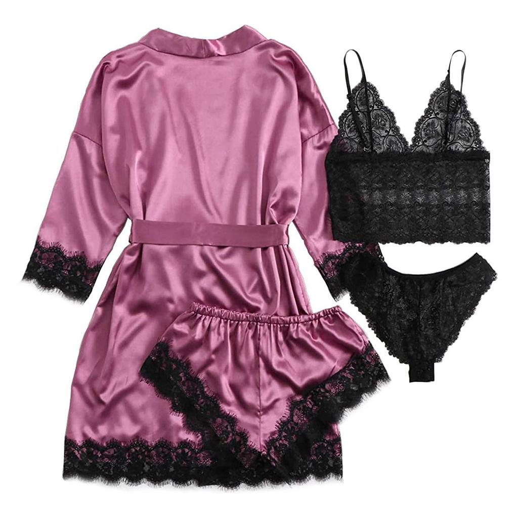 4-Piece Women Sexy Garter Lingerie Set Robes Lace Bodysuit Deep-V Neck Underwear