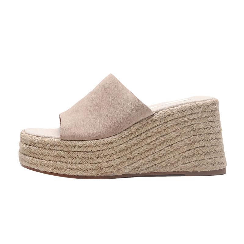 Wedge Heel Sandals Women's New Hemp Rope Sole One Word with Thick Heel Wedge Heel Cool Slippers