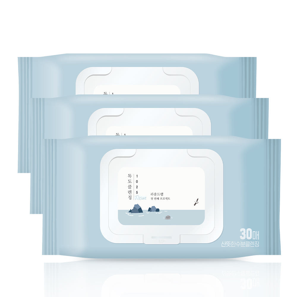 Round Lab 1025 Dokdo Cleansing Tissue 30 Sheets × 3 Set Makeup Remover & Hydrating Cleansing Wipes