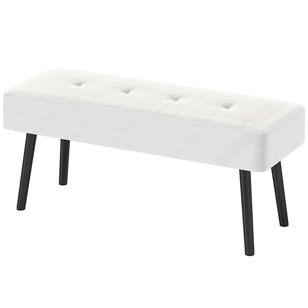 End of Bed Bench, Corduroy Bedroom Bench with Thick Padding and Steel Legs, Tufted Window Seat for Entryway, Living Room, Cream White