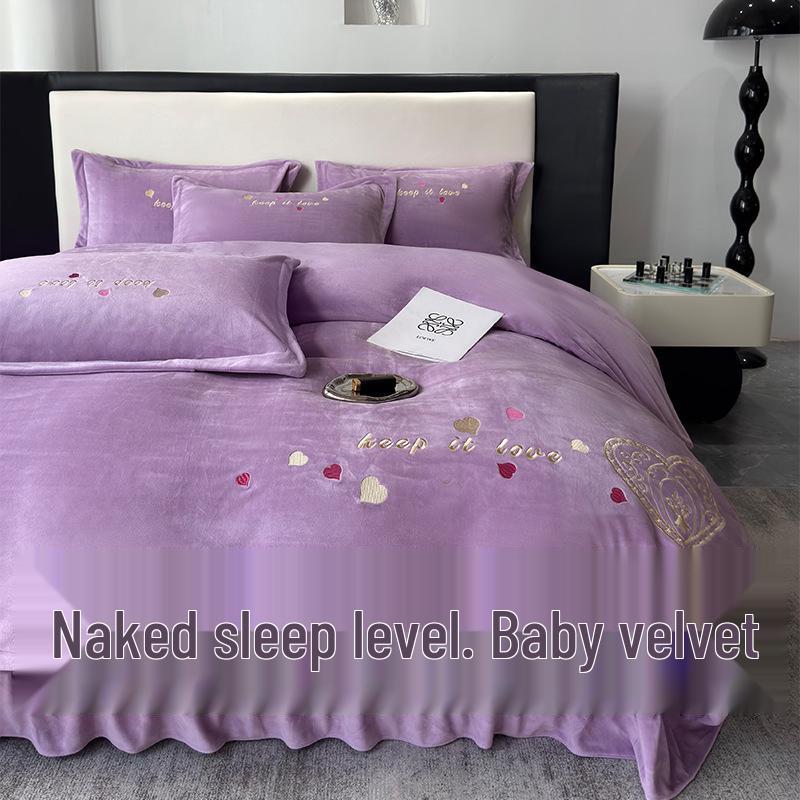 Luxury Baby Velvet Bedding Set: Thickened Milk Velvet Sheets, Duvet Cover, and Three-Piece Set Foggy Blue, Fleece-lined & Dense