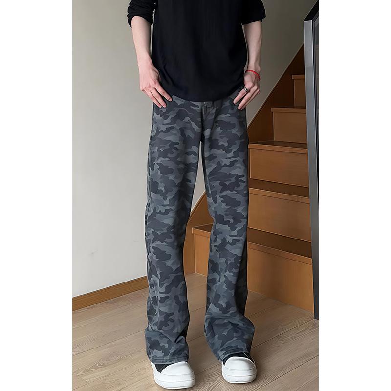 Autumn American High Street Logging Camouflage Jeans Men's Slim-fitting and Thin Tooling Pants Straight-leg Micro-pull Pants