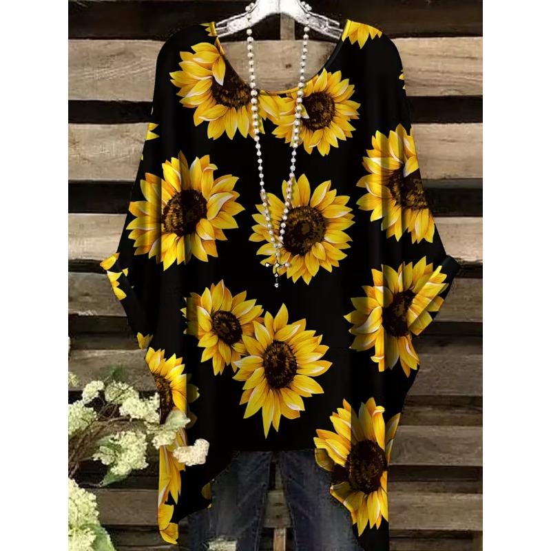 Bohemian Chic Women's T-Shirt Vintage Floral Graphic O-Neck Pullover Short Sleeve Tees Oversized Irregular Hemline  Clothes