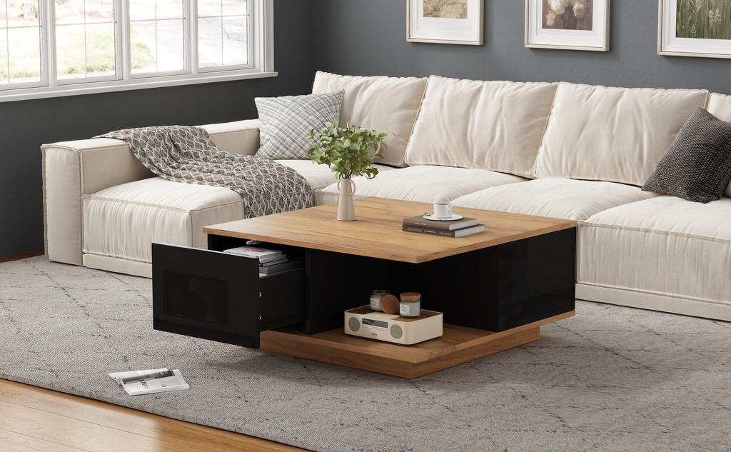 70 x 70 x 31.5cm Coffee Table with 3 Drawers, High-Gloss, Sofa/Side Table, Suitable for Small Rooms, Black + Original Wood Color