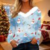 Women's Casual Christmas Print V-Neck Top with Plush Collar and Long Sleeves