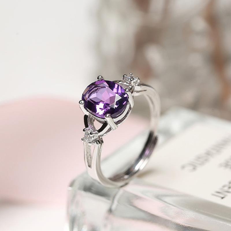 2026 Niche Classic Four-claw Purple Zircon Open Ring Ladies Korean Hollow Geometric Ring Jewelry
