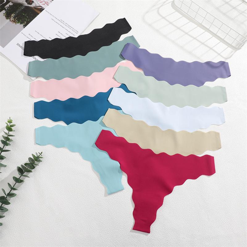 4 Stück Nahtlose Damen-Tangas Sexy Eisseide Wellengürtel Höschen Niedrige Taille Unsichtbarer G-String Dehnbarer T-Rücken Atmungsaktive Lingerie