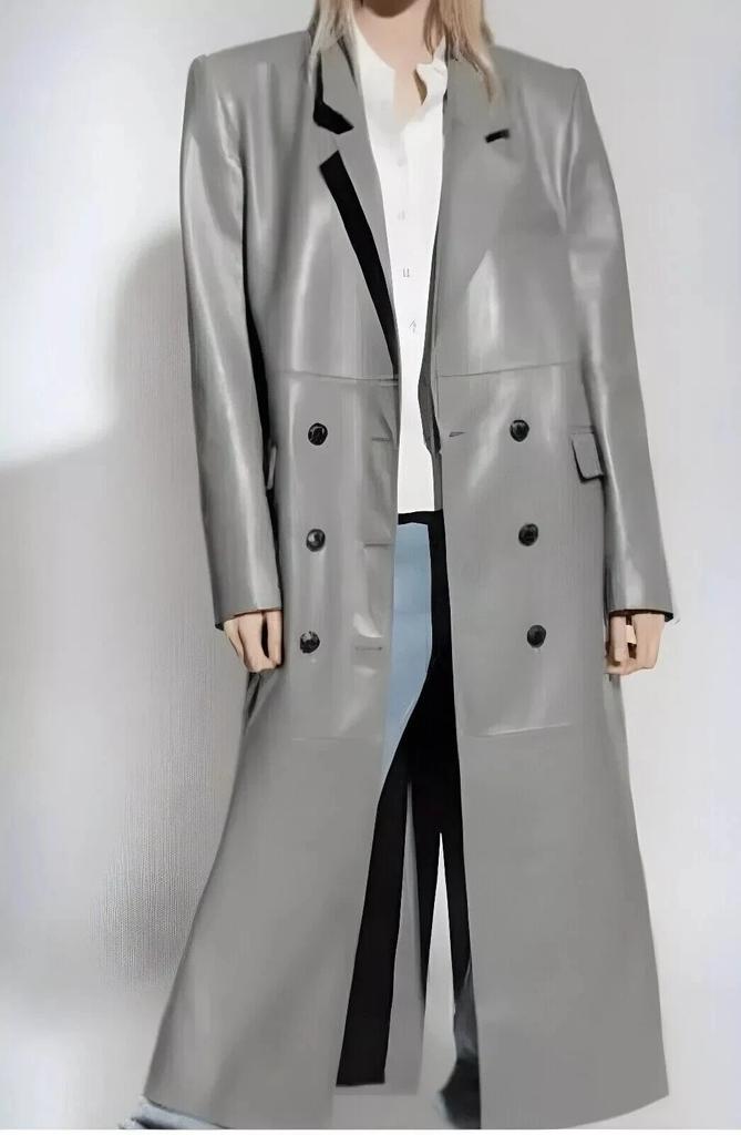 Trench Coat Genuine Lambskin Leather Handmade Stylish Grey Designer Women's Long