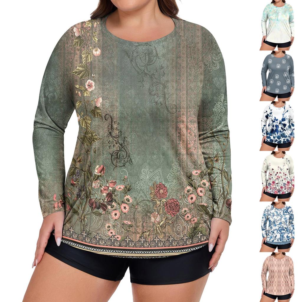 Women's Printed Large Size Long Sleeve Swimsuit Sun Jacket Quick Dry Hiking Top