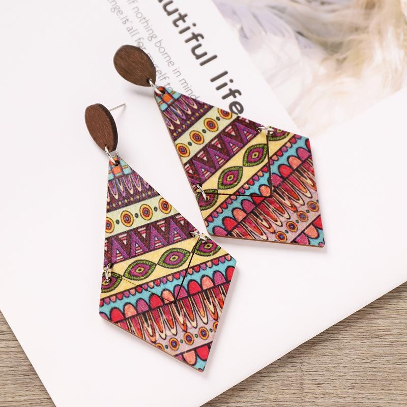 

Богемные деревянные серьги-гвоздики женские нишевые дизайнерские ромбовидные длинные полосатые серьги в стиле пэчворк темпераментные серьги