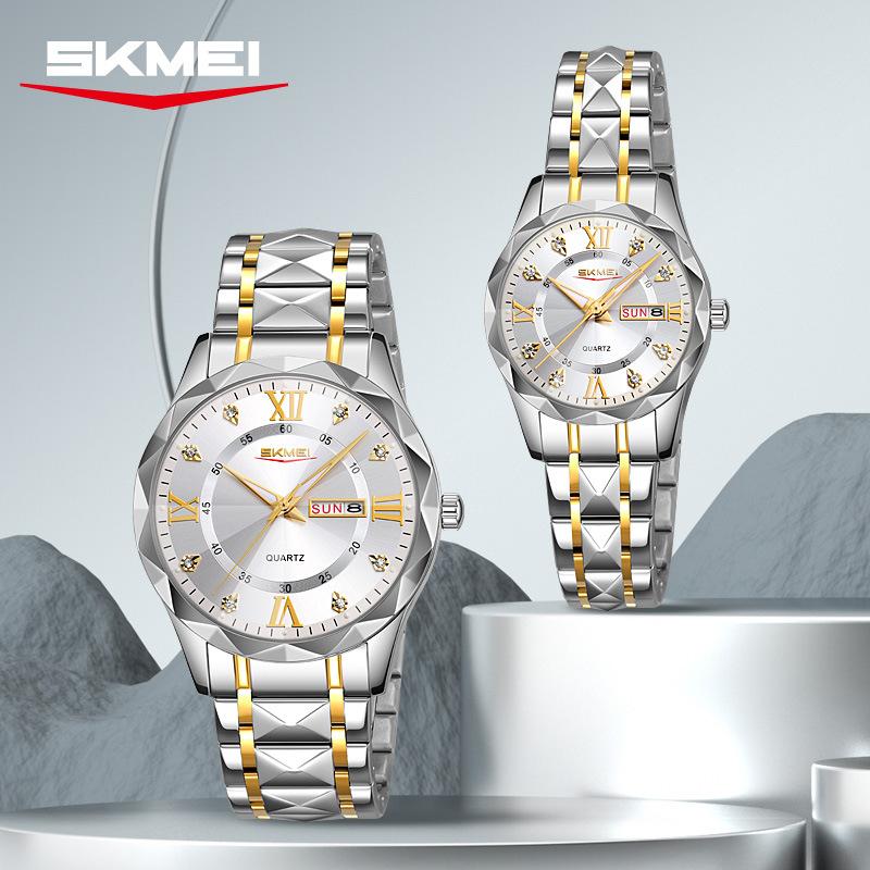 SKMEI Luxury Couple Watches Waterproof Luminous Date Week Watch for Female Male Quartz Stainless Steel Women Men Watch