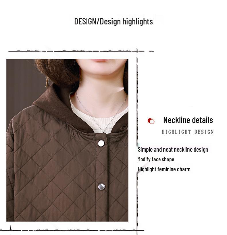 Women's 2024 Autumn/Winter Hooded Cotton Jacket – Loose, Quilted Diamond Pattern, Casual Fashion for Middle-Aged Moms