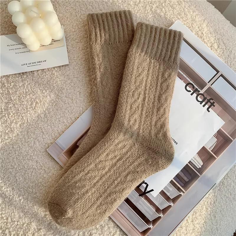 Women's Warm Cashmere Bowknot Mid-Calf Socks - Autumn/Winter Velvet, Thick Terry Cloth, Coffee Color, Over-the-Knee, Postpartum