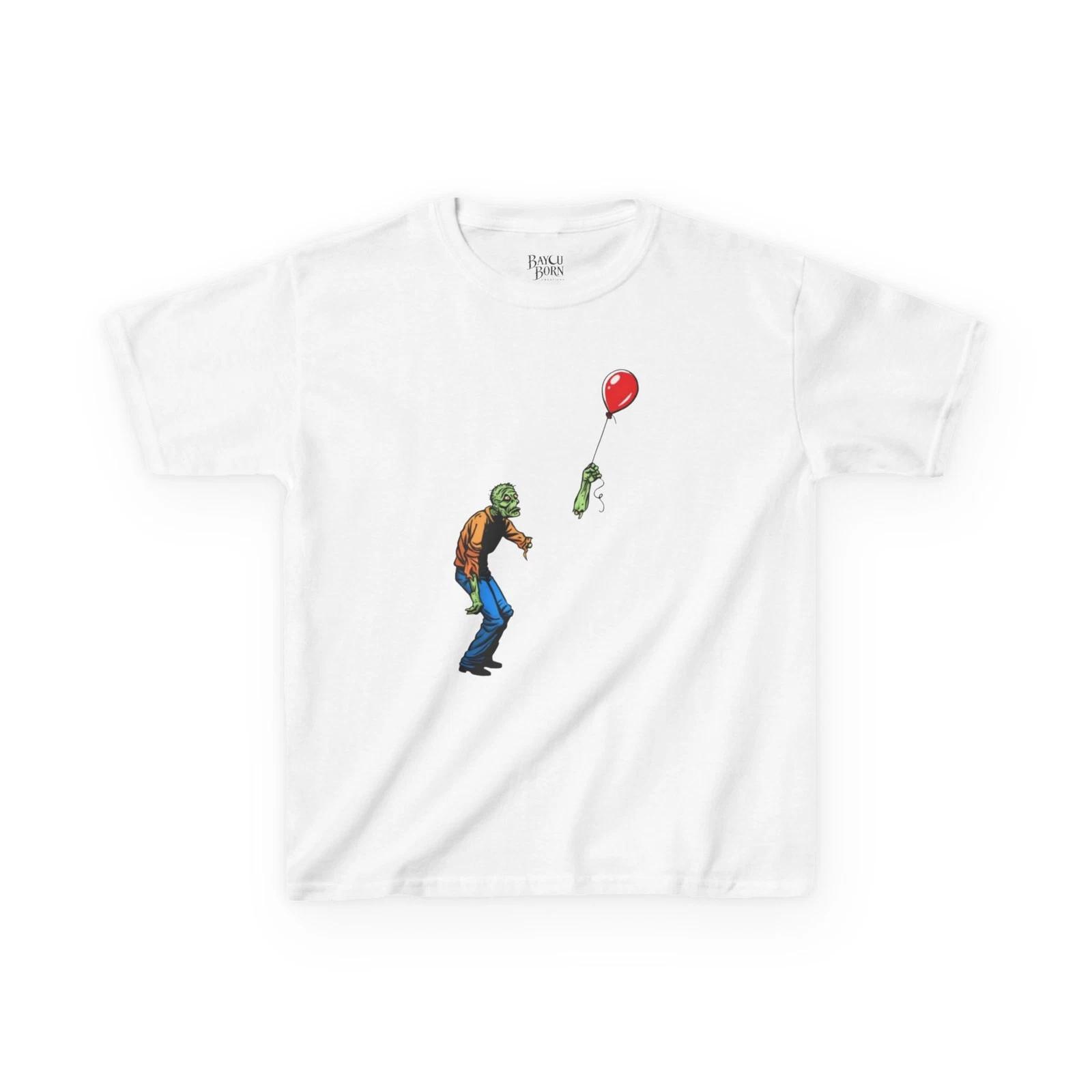 Green Zombie Holding Balloon, Kids Tee | Cute Halloween Shirt M