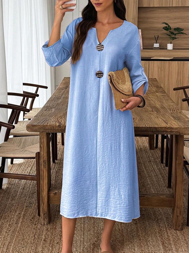 Women Long Sleeve V Neck Button Front Dress Multi Colors