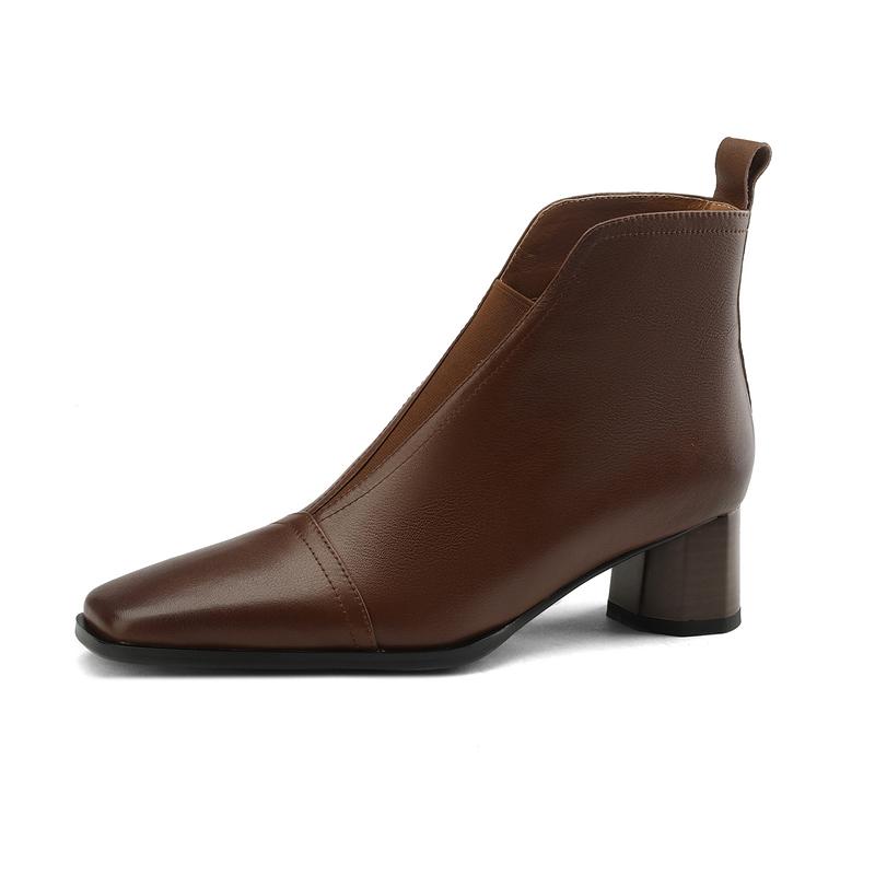 Fashion Women's new autumn and winter square toe retro leather cowhide mid heel thick heel size Chelsea calf boots