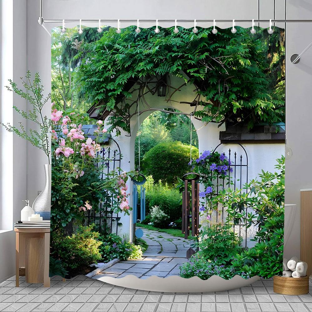 Full Of Flowers European Window Wall Shower Curtain Natural Scenery Outdoor Garden Poster Polyester Bath Curtains Bathroom Decor