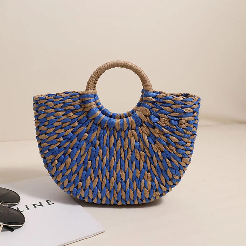 Women Half-Round Handbag Large Capacity Casual Travel Tote Bag Color Clash Semicircle Weaving Bag Female Leisure Bag