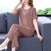 Women's Summer Cotton Silk Two-Piece Set: Short Sleeve Top & Long Pants, Solid Color, Casual Loose Fit, Plus Size.