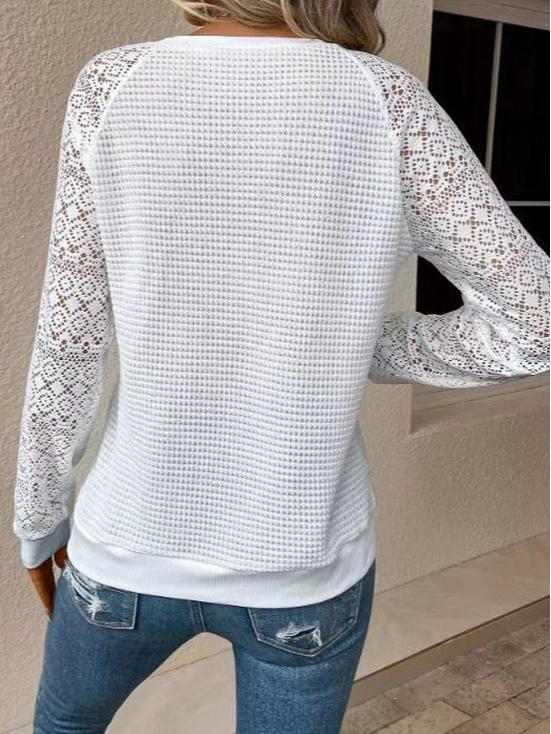 European & American 2026 Solid Lace Long Sleeve Hollow Round Neck Casual Women's T-shirt