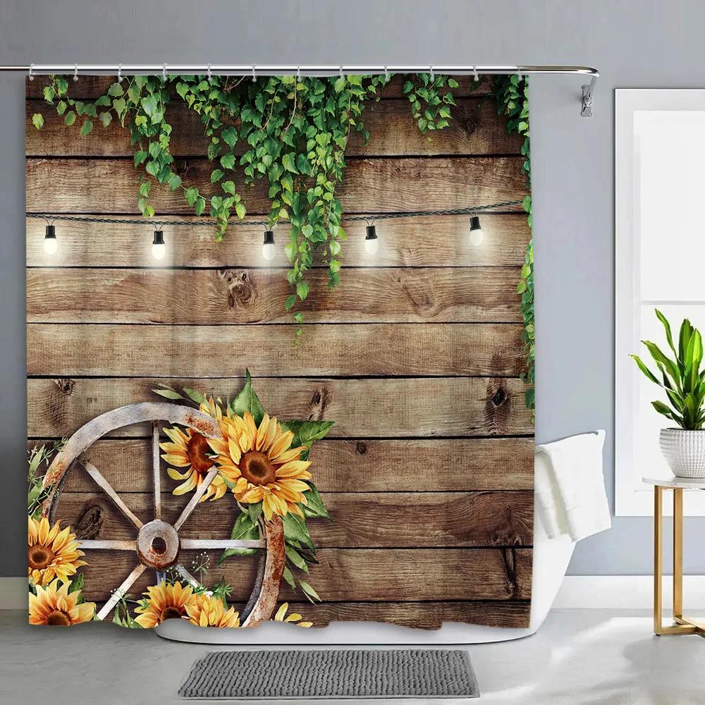 Vintage Rustic Wood Panel Shower Curtain Barn Door Floral Botanical Green Leaf Barn Farm Polyester Fabric Bathroom Decor Curtain