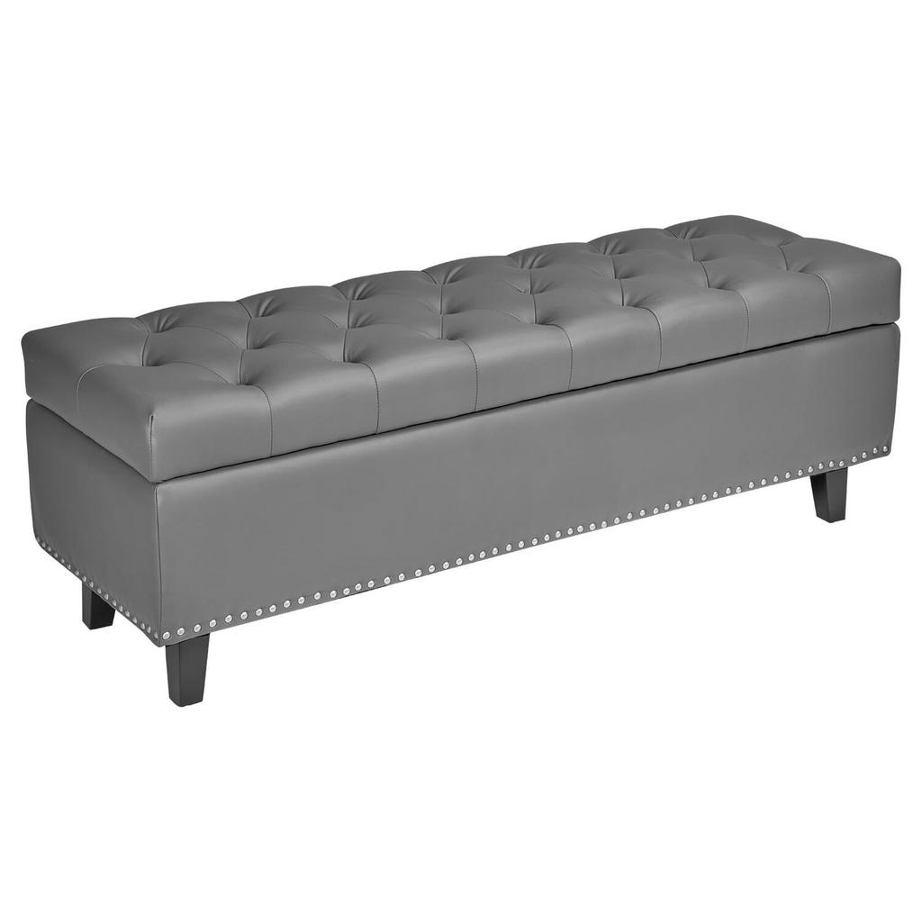 Button-Tufted Storage Ottoman Bench, PU Leather Bench with Storage and Solid Wood Legs, Modern Shoe Benches Seat for Entryway, Upholstered End of Bed