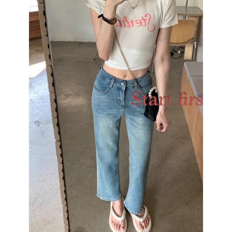 Kumikumi American Retro Worn Looking Washed-out Denim Women's Autumn Slimming All-Matching Youthful-Looking Straight-Leg Pants Cropped Pants