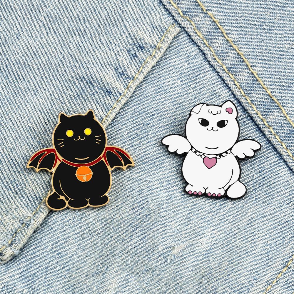 Lovely Angel Devil Cats Brooch White and Black Cartoon Cute Kitten with Wings Enamel Pin Bag Shirt Badge for Friends Couple Gift