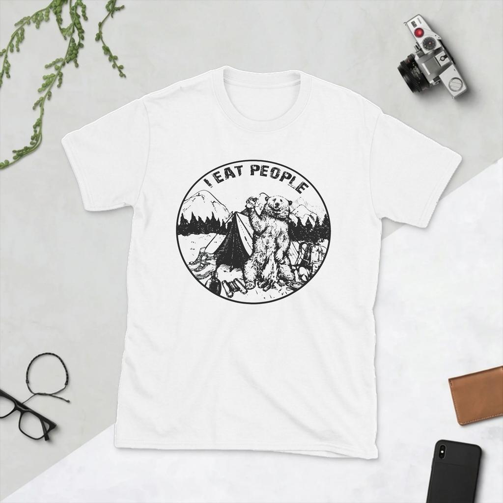 Novelty I Hate People I Eat People Bear TShirt Unisex O Neck Pure Cotton T Shirts Camping Hiking Short Sleeve Tees Printed Clothes