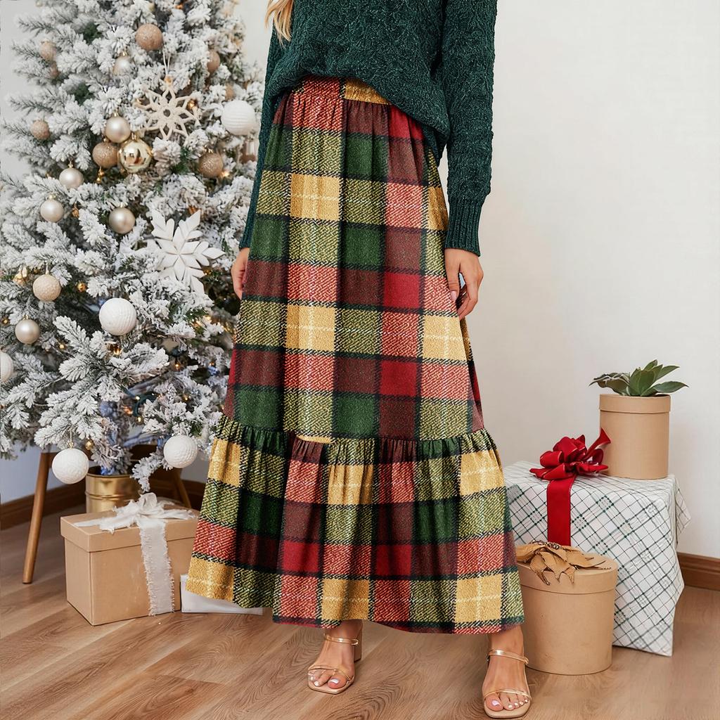 Women's Ruffled Casual Long Skirt Plaid Skirt Retro Pleated Skirt