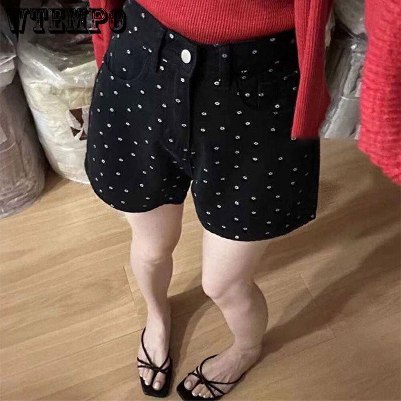 

Cowboy Shorts Women s Thin Summer Polka Dot Floral Wide Leg Black High Waisted A-line Shorts S чорний