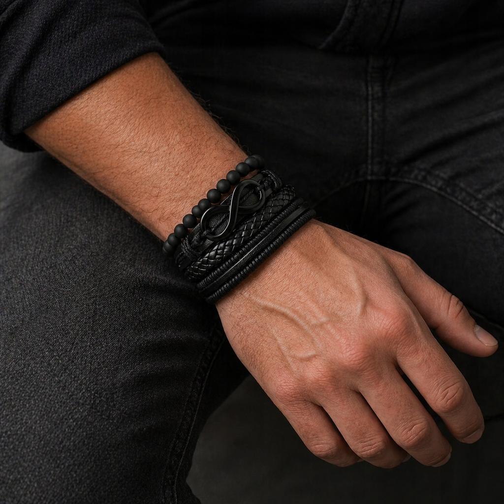 Men' Leather Bracelet with Tiger' Eye Beads, Multilayer Italian