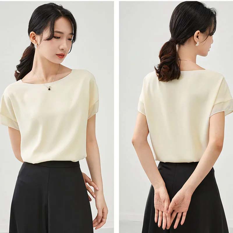 Temperamentní šifonová košile pro ženy letní tenký top s krátkým rukávem šitý rukáv pulovrová halenka jednobarevná volná ležérní univerzální halenky top