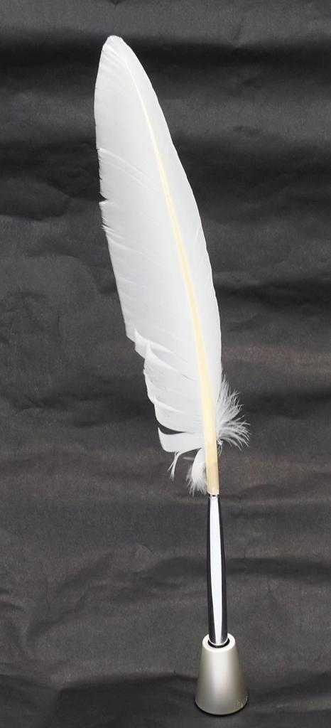 2 Set Pack Japanese Processed Turkey Feather Brass Disc Pen Brasda Cap Pen Stand White Feather + Q-S1P2WT-2-W