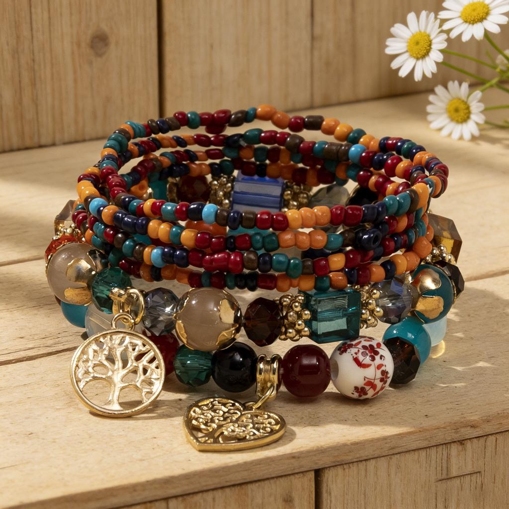 Boho Perlenarmband Instagram-inspiriert Nischenstil Farbblock-Stapelarmband-Set