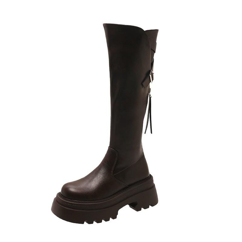 Brown small thick-soled boots for women's 2025 new autumn and winter versatile and thin high boots but knee boots