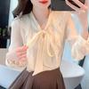 Fashion New 2024 Autumn Long Sleeve Casual Lace Up Bow Collar Apricot Chiffon Blouse Shirt Women Tops Blouses Shirts J463