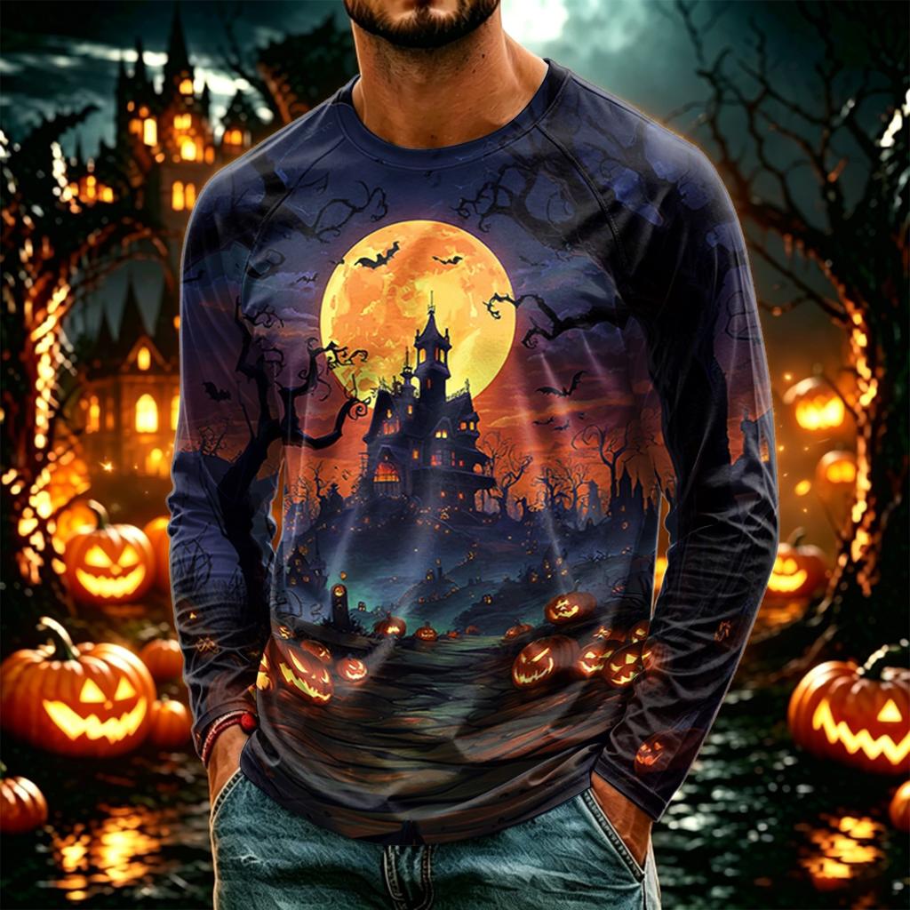 Men's Casual Long Sleeve Halloween Printed T-Shirt, Lightweight Neck Top for Daily Wear