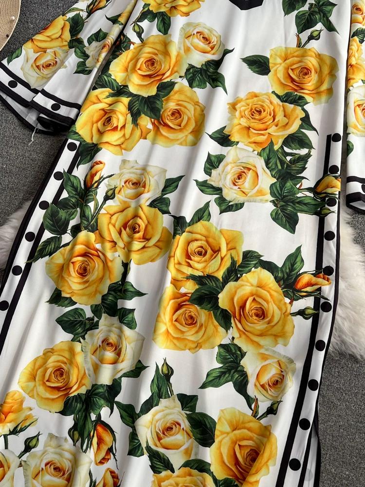 Summer Women Designer Print Runway Dresses Flare Sleeve Straignt Long Maxi Holiday Dress