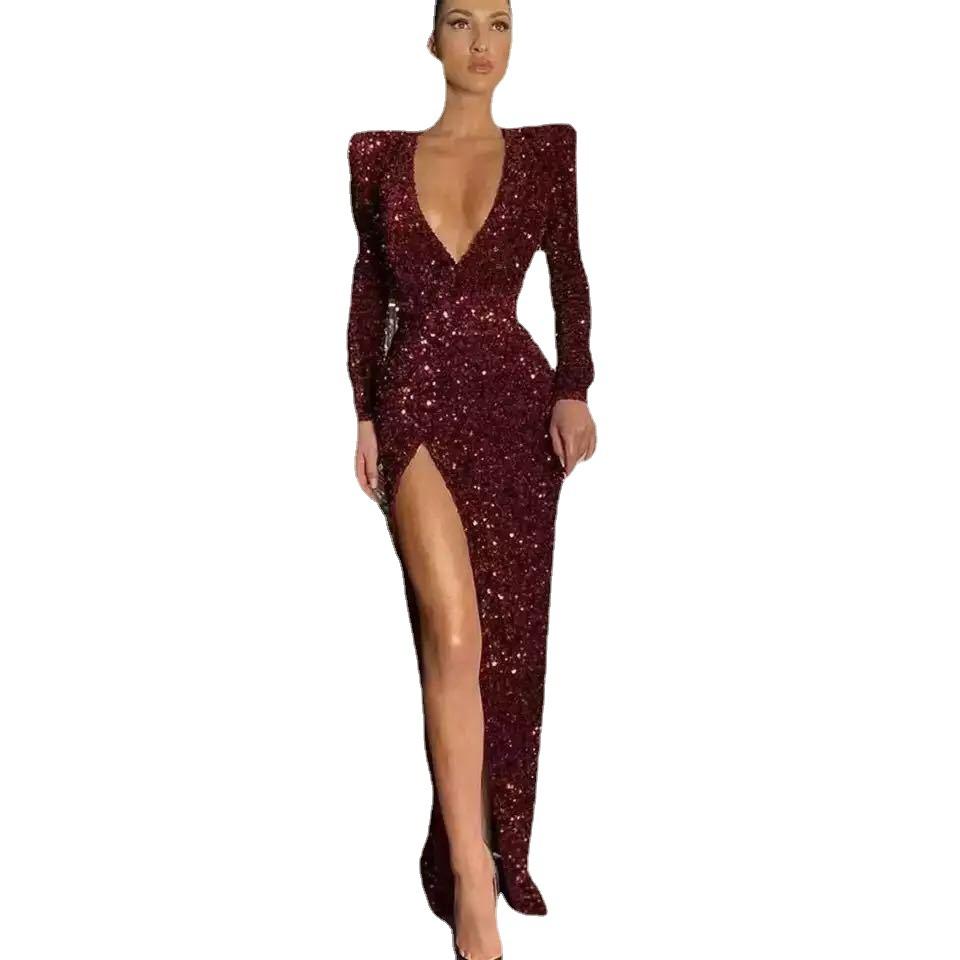 2025 Women's Sexy Deep V Long Sleeve Slim Sequin Dress Split Dress