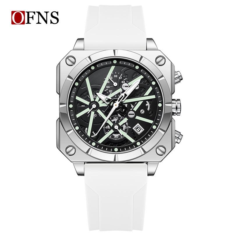 OFNS Men's Six-Needle Chronograph Quartz Watch with Luminous Bar Markers, Square Face, Waterproof, and Calendar.