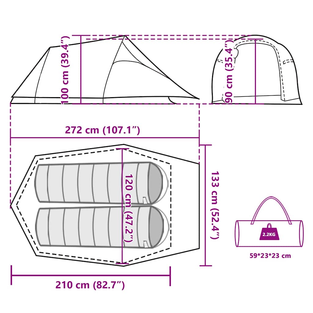 2 Person Tunnel Tent Brown Waterproof