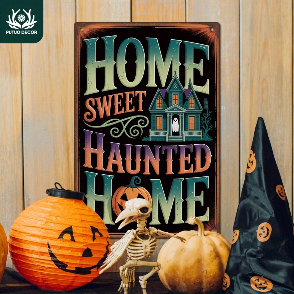 1pc Putuo Decor Vintage Halloween Metal Tin Sign - "Home Sweet Haunted Home" Wall Art with Haunted House & Skeleton Design, Perf